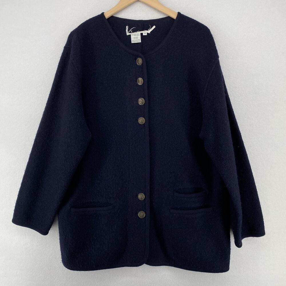 BERNARDO Sweater M 100% Boiled Wool Metal Button Up Cardigan Grandma Blue HK VTG